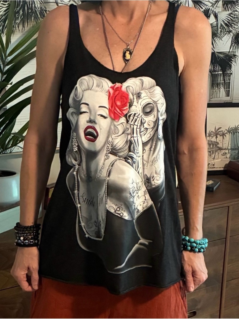 Black Marilyn Graphic Tank Top with Red Accent